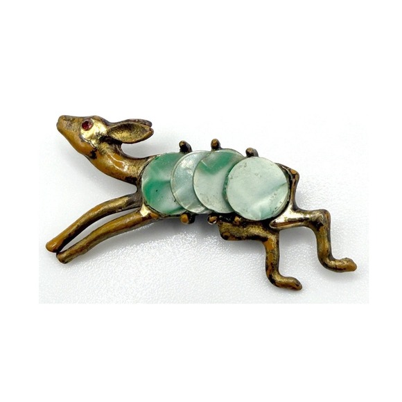Source Unknown Jewelry - Vintage Figural Deer Brooch Pale Green Disc Gold Tone Running Animal Pin 2"